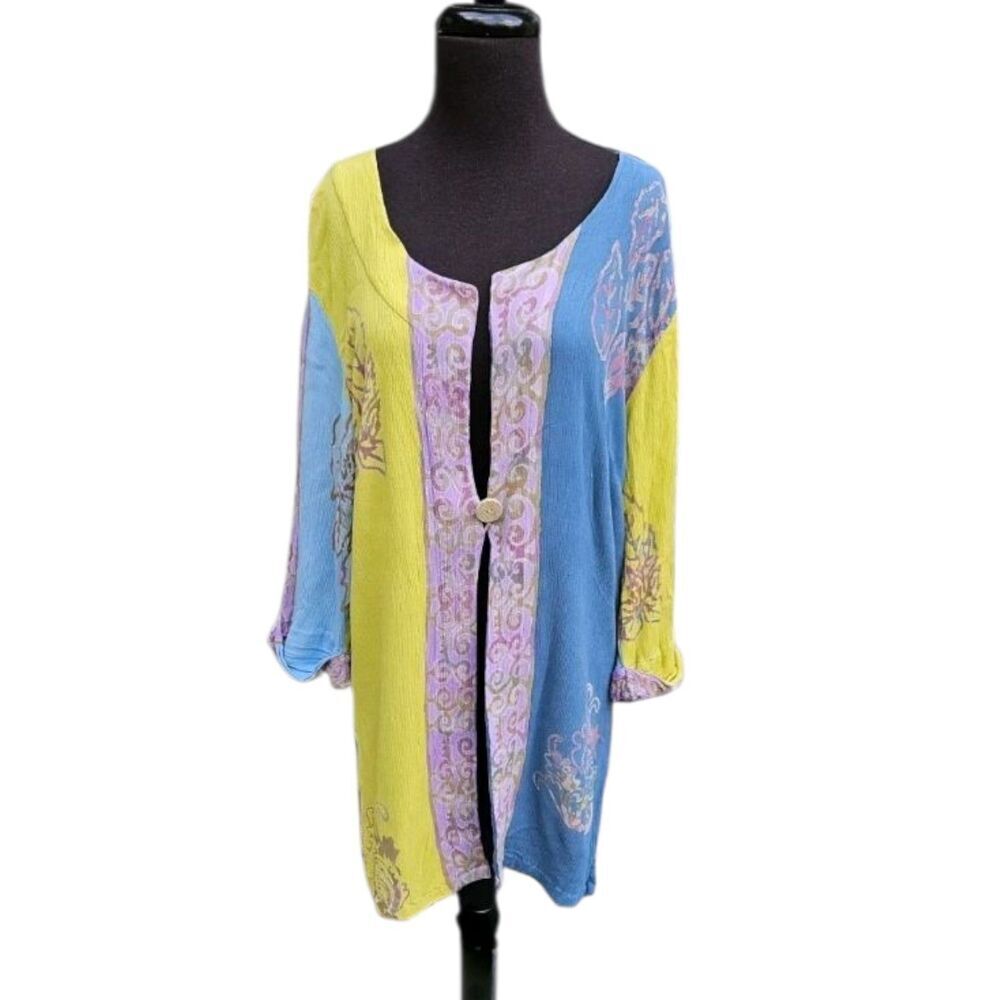 Soft Surroundings Patchwork Gauze Button Up Shirt Blouse Tunic 3/4 Sleeve L - Picture 2 of 11